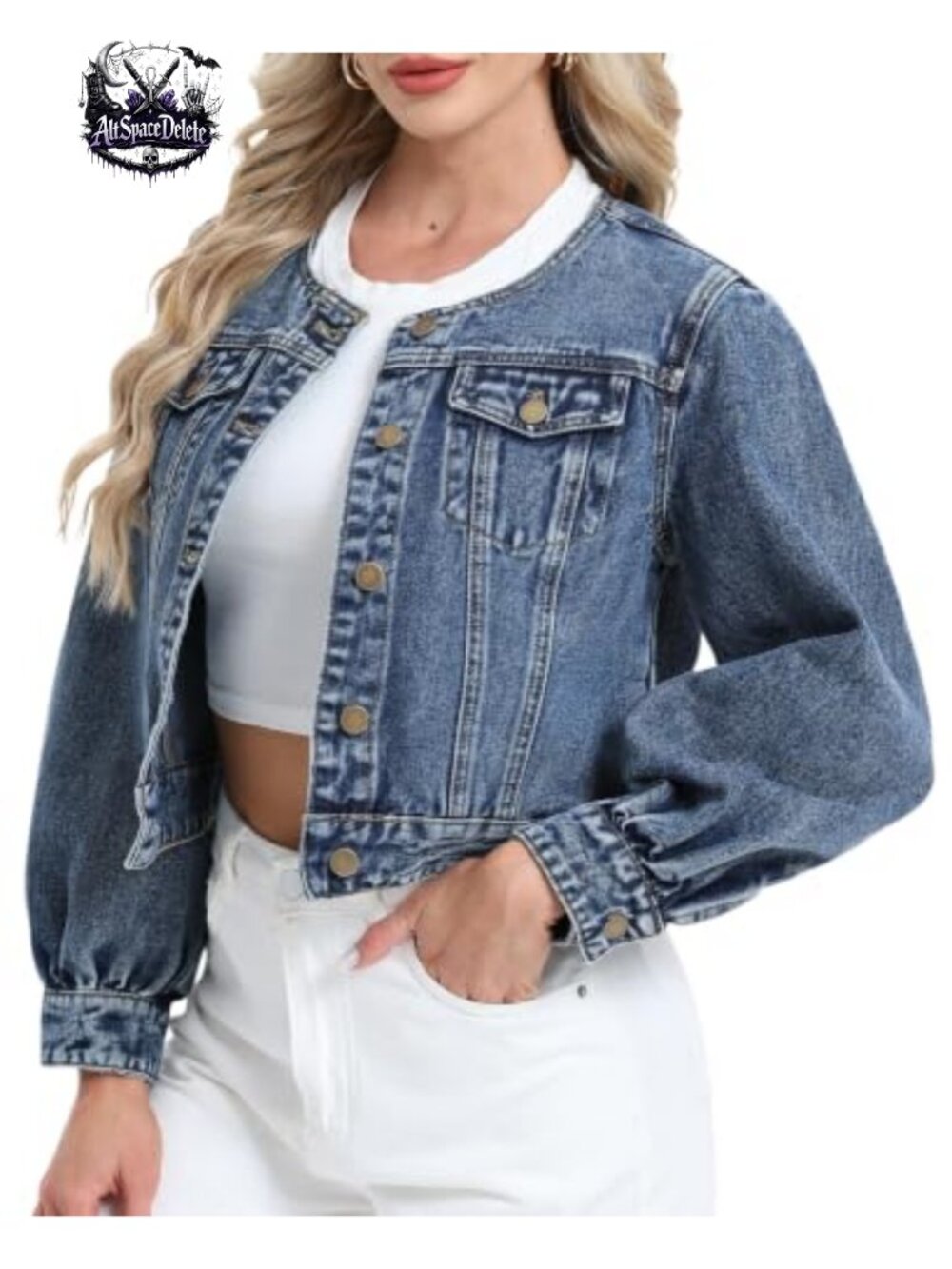 Cropped Denim Jacket Round Neck Button Down Puff Sleeve Collarless Jean Coat